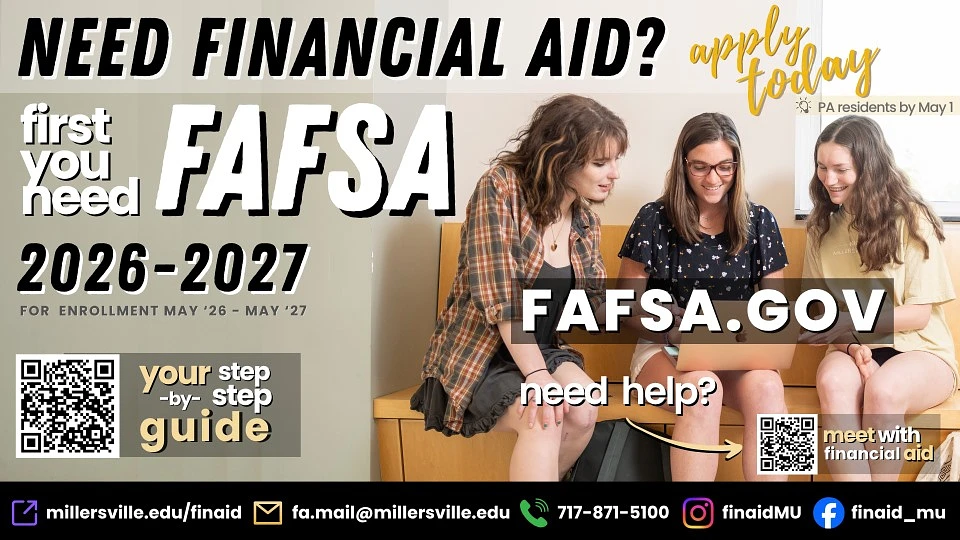 This image is an advertisement for FAFSA financial aid for the 2026-2027 enrollment period, featuring a group of three people and QR codes for additional information and assistance.